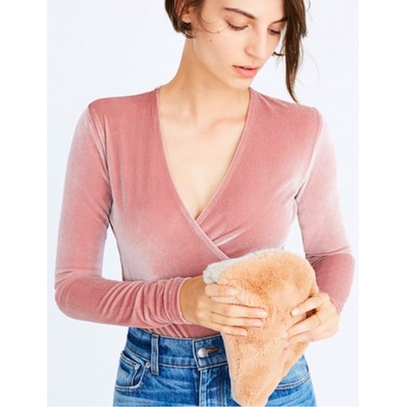 Madewell • Velvet Faux Wrap Bodysuit In Blush Pink Peach long Sleeve V-neck Snap - Picture 3 of 15